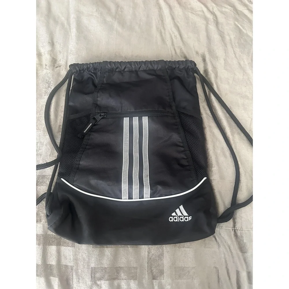 Adidas Drawstring Gym Sack Backpack Black 3 Stripes Mesh Pockets Sports Logo Bag
